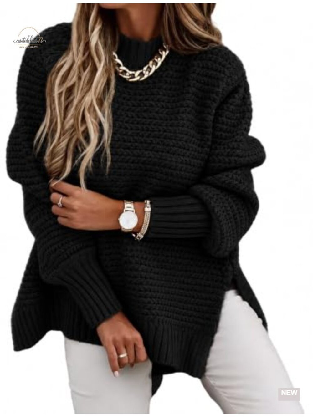 Oversized Cable Knit Pullover Sweater Long Sleeve Crew Neck Side Slits